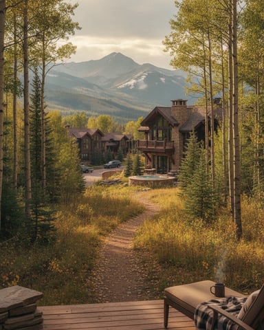 Mountain lodge with stone and wood exterior framed by aspen trees, mountain peak in background, autumn setting