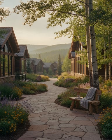 Stone pathway lined with wooden cottages, flowering gardens, and birch trees overlooking forested mountains