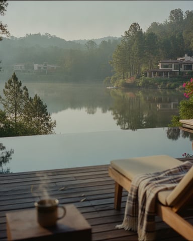 Wooden deck with chair overlooking calm lake, forested hills, and waterfront house across the water