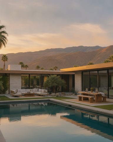 Modern desert home with pool, lounge seating, and mountain views at sunset