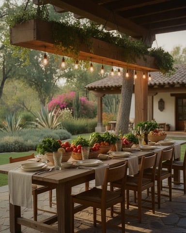 Long wooden dining table set for outdoor meal under pergola with hanging lights, surrounded by gardens and Spanish-style house
