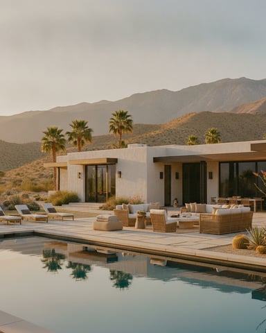 Modern white desert home with pool, lounge chairs, and wicker seating overlooking palm trees and mountains