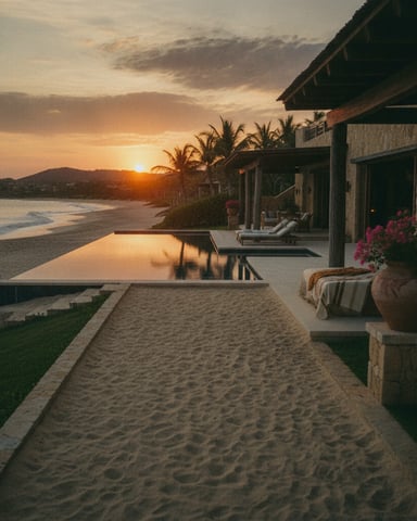 Beachfront villa with infinity pool at sunset, palm trees, and ocean view