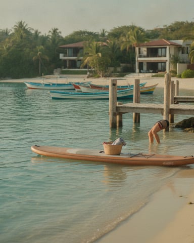 Tropical beach with wooden boats, wooden dock, palm trees, and two-story houses with red-tiled roofs along the shoreline.