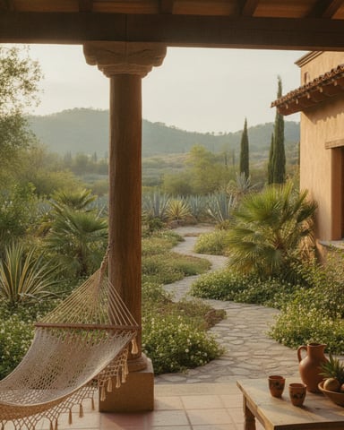 Covered patio with hammock, terracotta building, agave plants, and mountain valley view