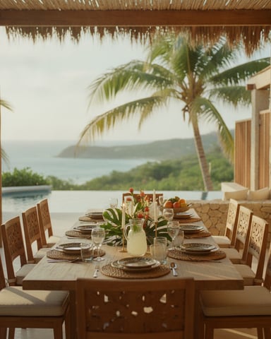 Outdoor dining table set for a meal with ocean and palm tree views under a thatched roof shelter