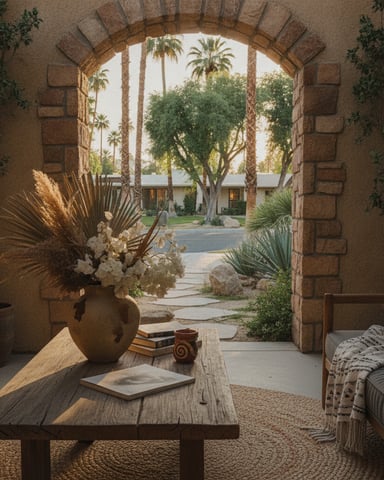 Stone archway opening to desert courtyard with palm trees, modern house, and furnished bedroom in foreground
