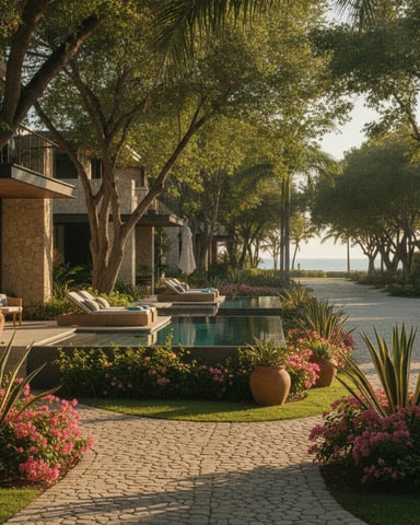 Waterfront villa with stone architecture, shaded by mature trees, featuring lounge chairs, reflecting pool, and flowering gardens along a palm-lined pathway.