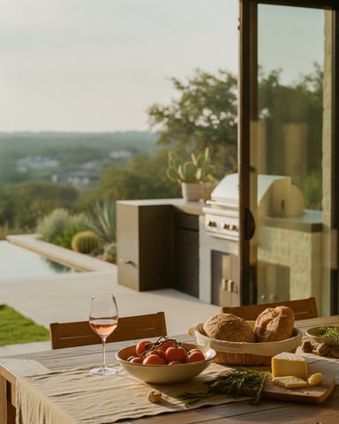 Outdoor dining table with wine, bread, tomatoes, and cheese overlooking valley landscape and pool area