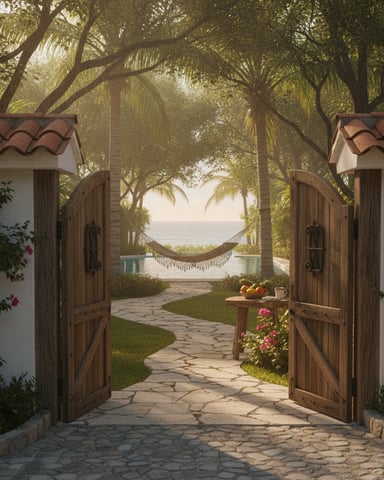 Wooden gates opening onto a stone pathway leading to a hammock, pool, and ocean view through palm trees