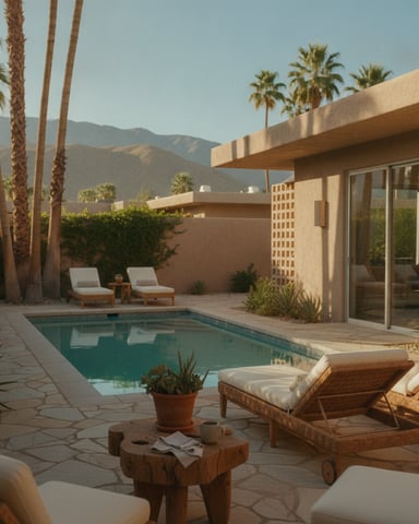 Modern desert home with pool, lounge chairs, palm trees, and mountain views