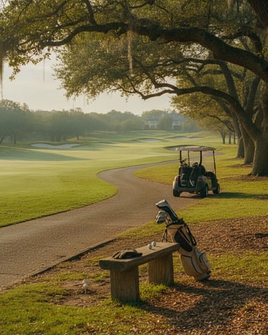 Golf course with large oak trees, golf bag on wooden bench, cart on path, and clubhouse in distance