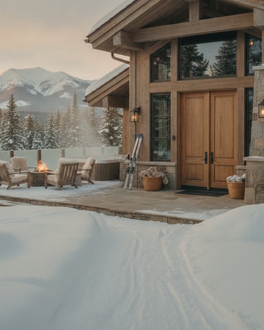Modern mountain lodge with stone and wood exterior, snowy deck with fire pit seating, snow-covered landscape, and snow-capped peaks in background.