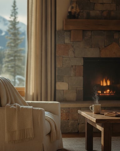 Cozy living room with cream armchair, fireplace, wooden table with mug, and mountain view through window
