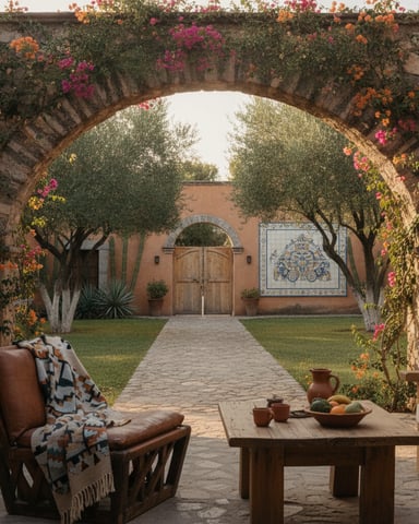 Stone archway draped with colorful flowers framing courtyard with terracotta building, wooden doors, and seating area