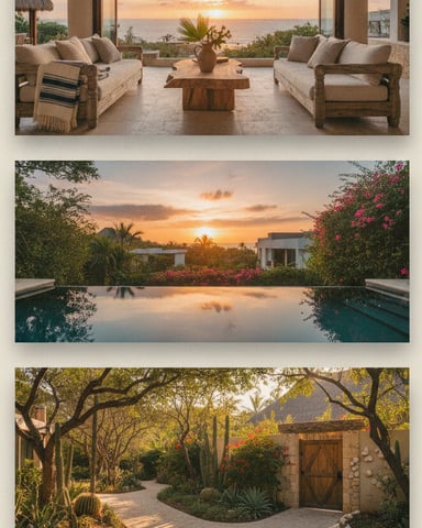 Luxury vacation rental with ocean-view lounge, infinity pool at sunset, and desert landscaping with mature trees