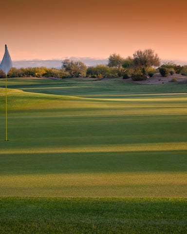 Golf course green with flagstick at sunset, saguaro cactus and desert vegetation in background