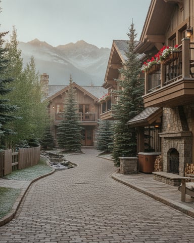 Mountain resort courtyard with stone and wood lodges, red flower baskets, and snow-capped peaks in background