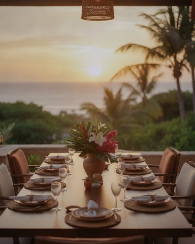 Outdoor dining table set for dinner at sunset with ocean and palm trees in background