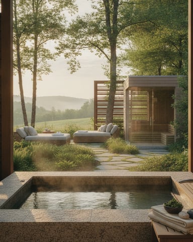 Sunken outdoor soaking tub with forest and valley views, lounge seating, and modern wooden pavilion beyond.