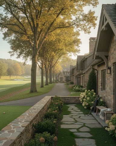 Stone cottage with patio overlooking tree-lined driveway and golf course in autumn