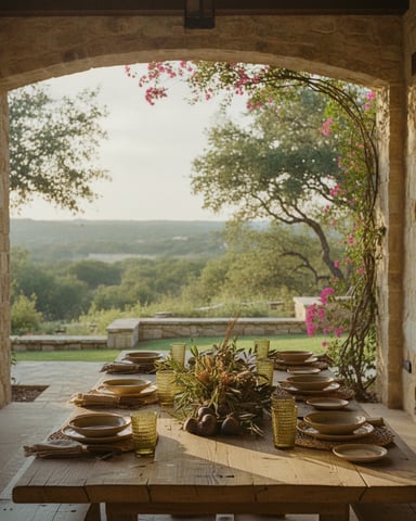 Stone terrace with set dining table overlooking valley landscape and flowering magenta vines