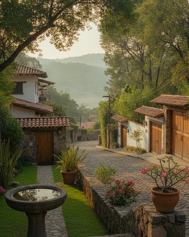 Cobblestone village street lined with whitewashed stone cottages, terracotta tile roofs, flowering potted plants, and tree-covered mountains in background.