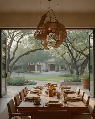 Dining room with long table set for meal, woven pendant light, open doors overlooking tree-lined courtyard and white building