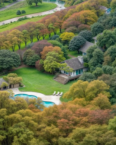 Aerial view of estate with pool, manicured lawn, and surrounding autumn trees near river