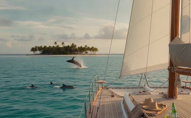 Sailboat deck with dolphins jumping in turquoise water, palm-tree island and raised sails visible