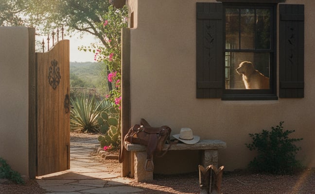 Spanish-style adobe house with wooden gate, saddle on stone bench, and dog looking out window toward hillside