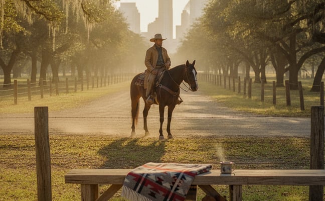 Cowboy on horseback riding down tree-lined ranch path toward distant city skyline, wooden bench with blanket in foreground.