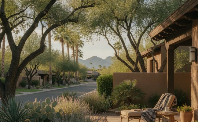 Desert patio with lounge chair under mature trees, mountain view, desert landscaping with cacti and succulents